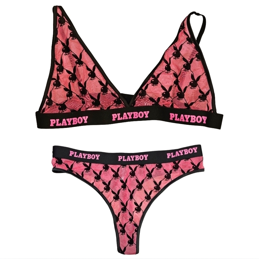 PLAYBOY sheer lingerie set size XL in black and pink